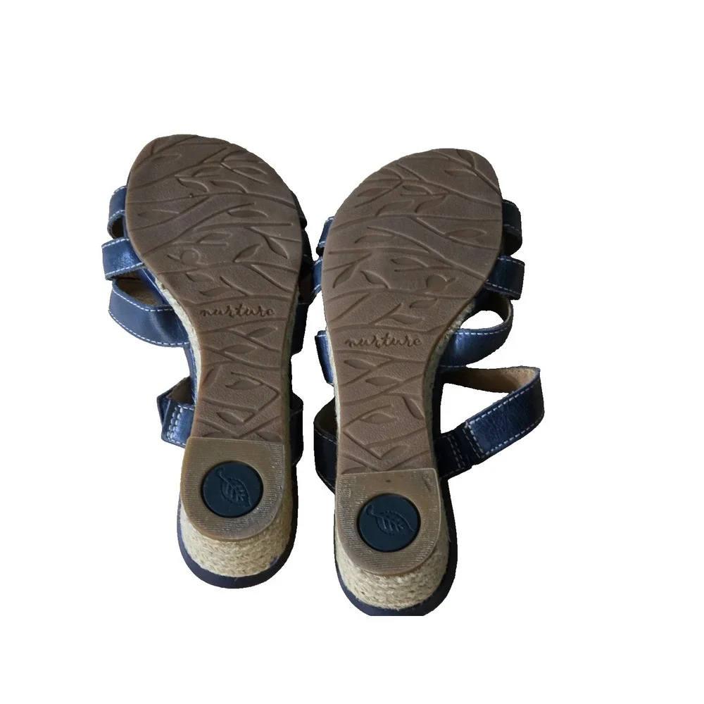 NURTURE Women's Leather Platform Wedge Espadrille‎ Slide Sandals Size 8.5M Blue
